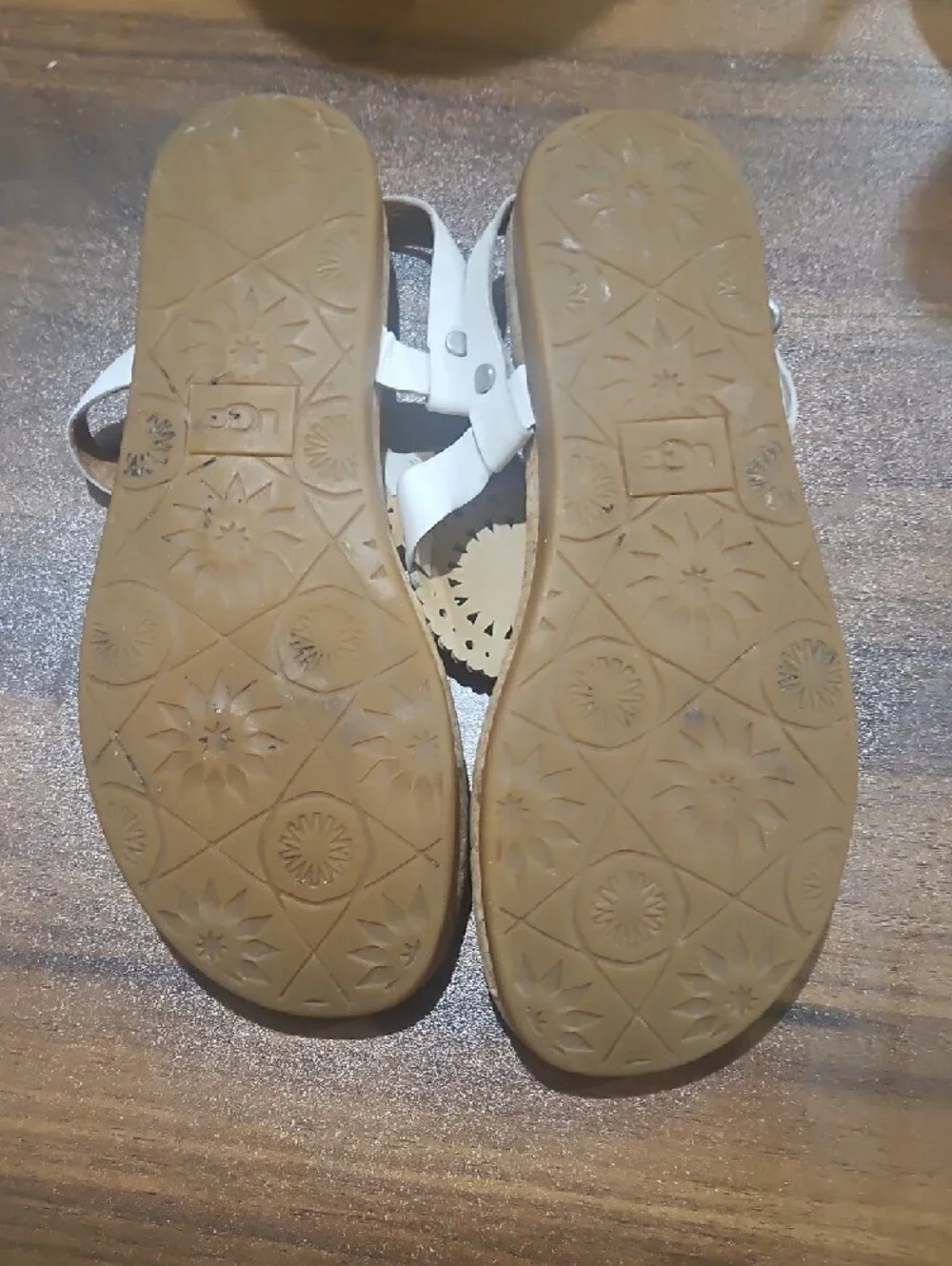 UGG White Leather Cork Thong Sandals with Medallion